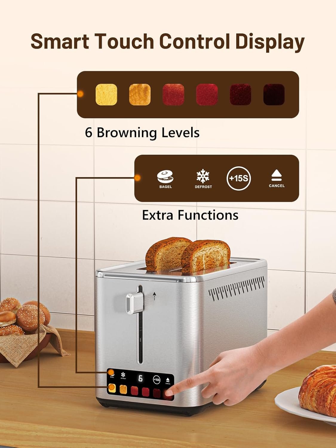Touch Screen 2-Slice Toaster with 6 Browning Levels, Bagel & Defrost Mode, Wide 1.5" Slots, Stainless Steel, Removable Crumb Tray, Even Toasting, 850W Smart Toaster for Bagels & Waffles - Image 2