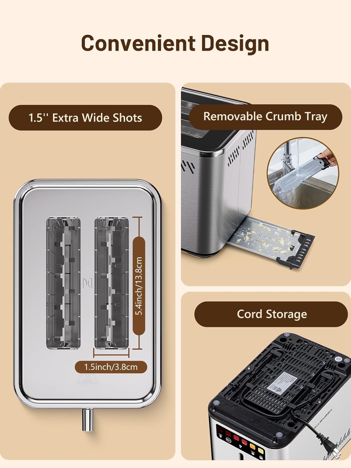 Touch Screen 2-Slice Toaster with 6 Browning Levels, Bagel & Defrost Mode, Wide 1.5" Slots, Stainless Steel, Removable Crumb Tray, Even Toasting, 850W Smart Toaster for Bagels & Waffles - Image 4
