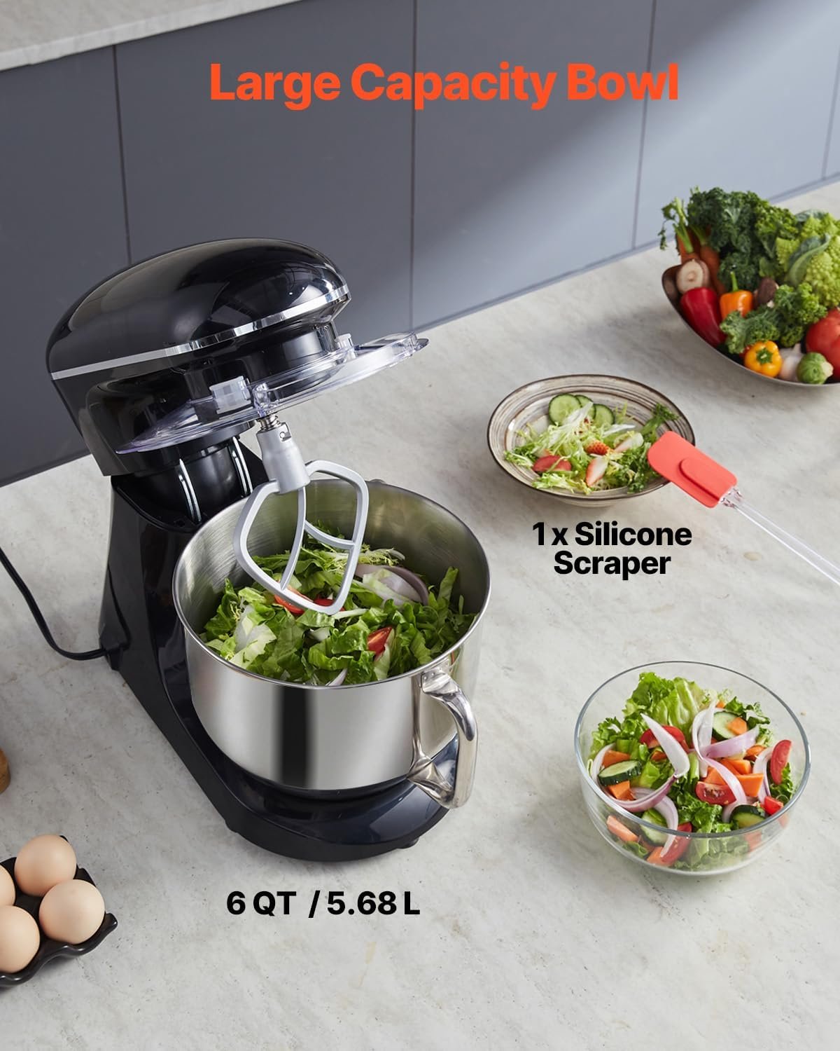 VEVOR Stand Mixer, 6 QT Dough Mixer, 660W 6 + P Speeds Tilt-head Food Mixer with Stainless Steel Bowl, Dough Hook, Wire Whip, Flat Beater, Scraper,Household Stand Mixer for Baking & Mixing, Black - Image 4