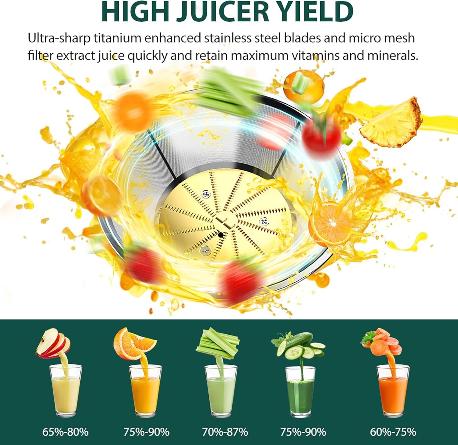 1300W KOIOS Centrifugal Juicer Machines, Juice Extractor with Extra Large 3inch Feed Chute, Full Copper Motor, Titanium-Plated Filter, High Juice Yield, 3 Speeds Mode,Easy to Clean with Brush,BPA-Free - Image 4