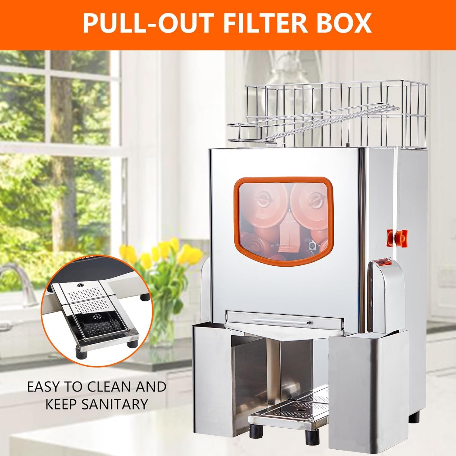 Commercial Juicer Machine, 110V Juice Extractor, 120W Orange Squeezer for 22-30 per Minute, Electric Orange Juice Machine with Pull-Out Filter Box SUS 304 Tank Stainless Cover and 2 Collecting Buckets - Image 6