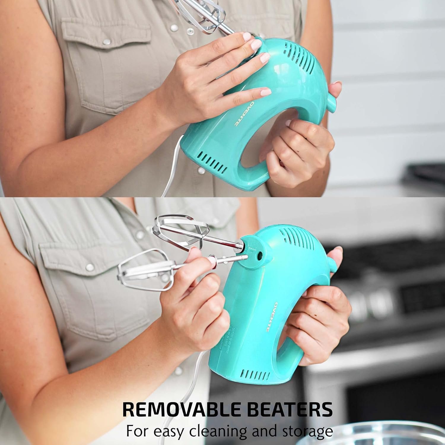 OVENTE 5-Speed Electric Hand Mixer with Stainless Steel Mixing Whisk, Snap-On Storage Case, Portable & Lightweight 150W Motor, Compact Handheld Mixer for Baking, Blending or Cooking, Turquoise HM151T - Image 5