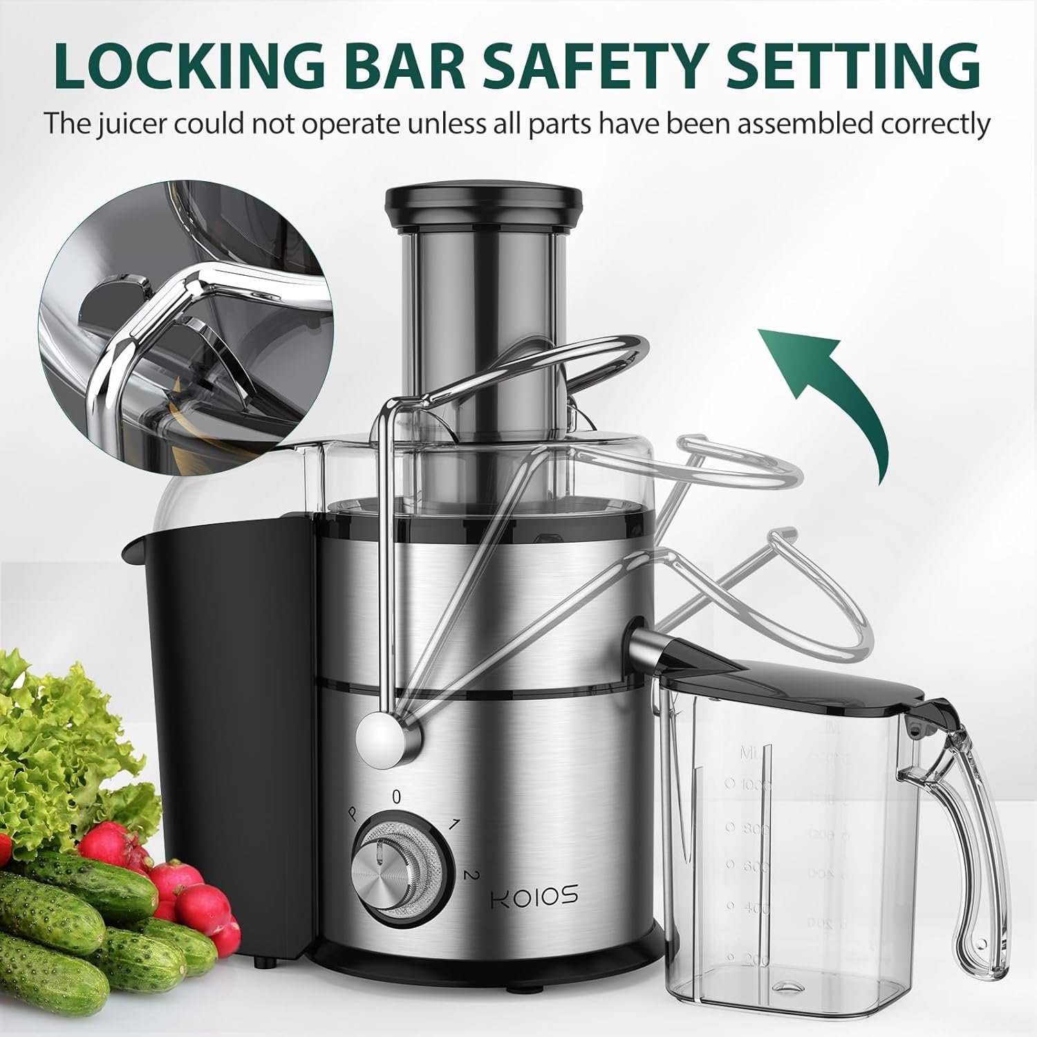 1300W KOIOS Centrifugal Juicer Machines, Juice Extractor with Extra Large 3inch Feed Chute, Full Copper Motor, Titanium-Plated Filter, High Juice Yield, 3 Speeds Mode,Easy to Clean with Brush,BPA-Free - Image 6