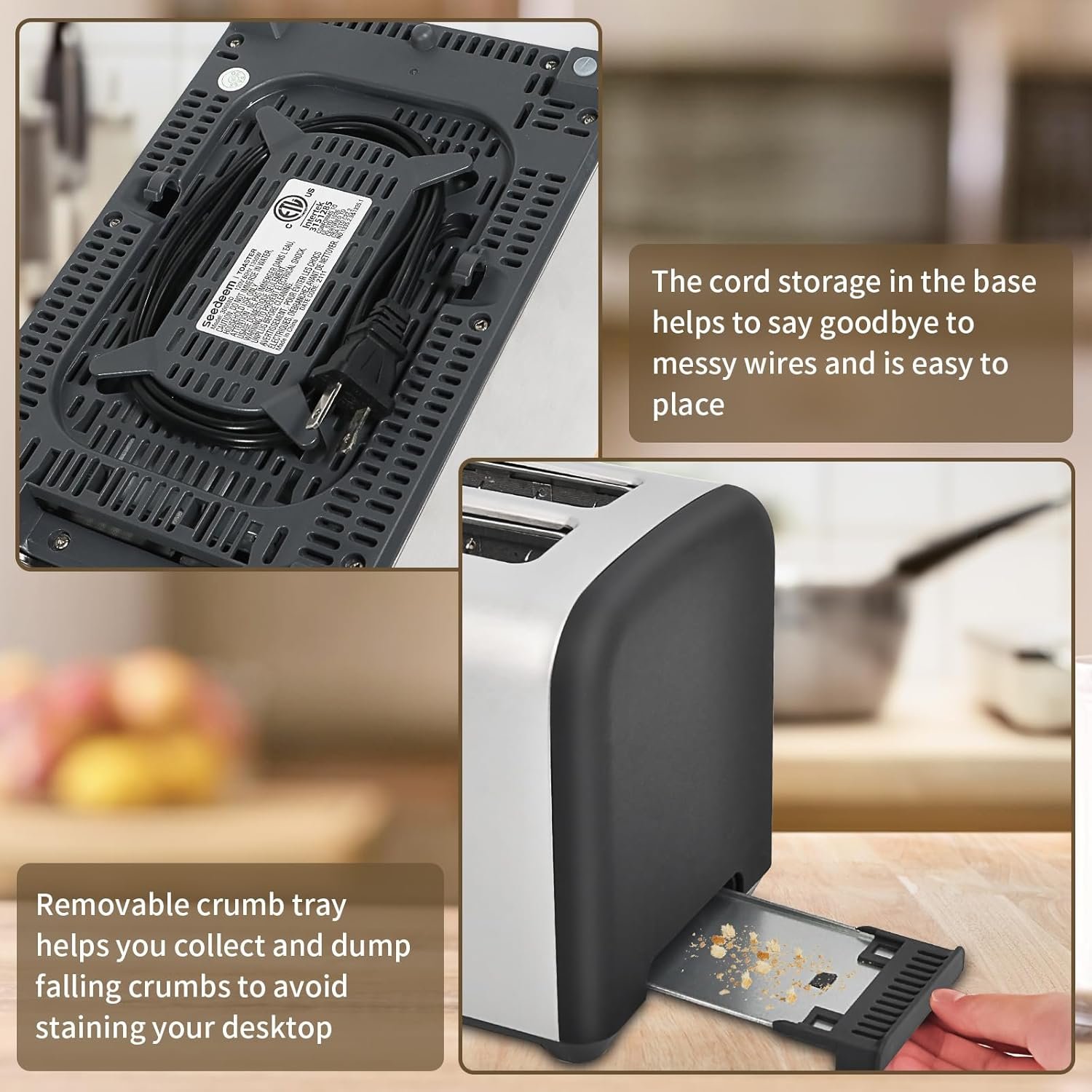 SEEDEEM Toaster 2 Slice, Full Touch Control Stainless Toaster, LCD Display, 50% Faster Heating Speed, 6 Bread Type, 7 Shade Setting, 1.5''Wide Slots, Removable Crumb Tray, 1350W, Dark Chocolate - Image 5