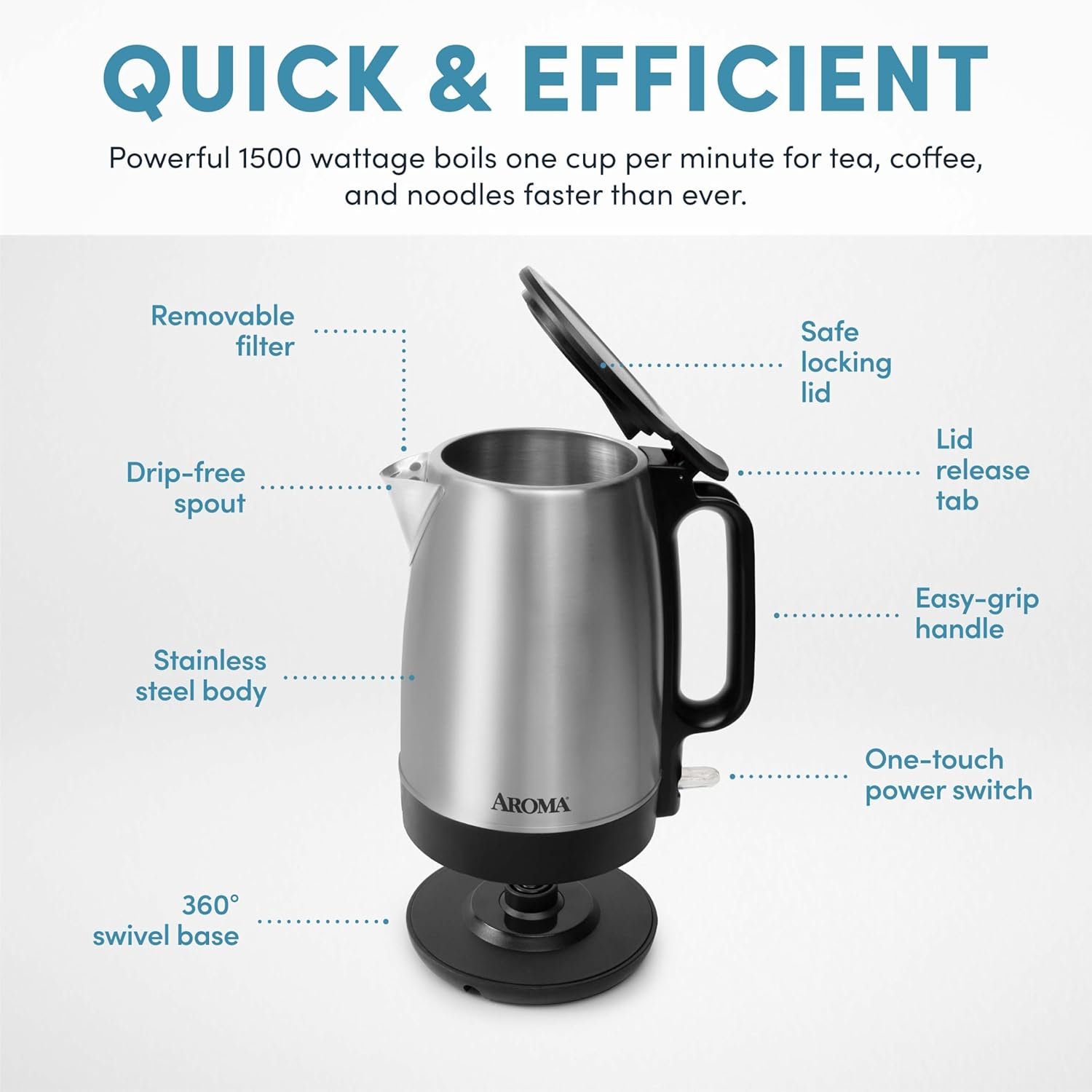 AROMA® 1.7-Liter Electric Kettle with Rapid Boil and Auto-Shut-Off in Stainless Steel (AWK-1401SB) - Image 4