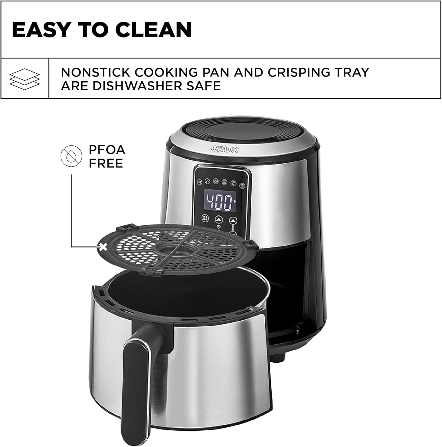 Crux 3QT Digital Air Fryer, Faster Pre-Heat, No-Oil Frying, Fast Healthy Evenly Cooked Meal Every Time, Dishwasher Safe Non Stick Pan and Crisping Tray for Easy Clean Up, Stainless Steel - Image 5
