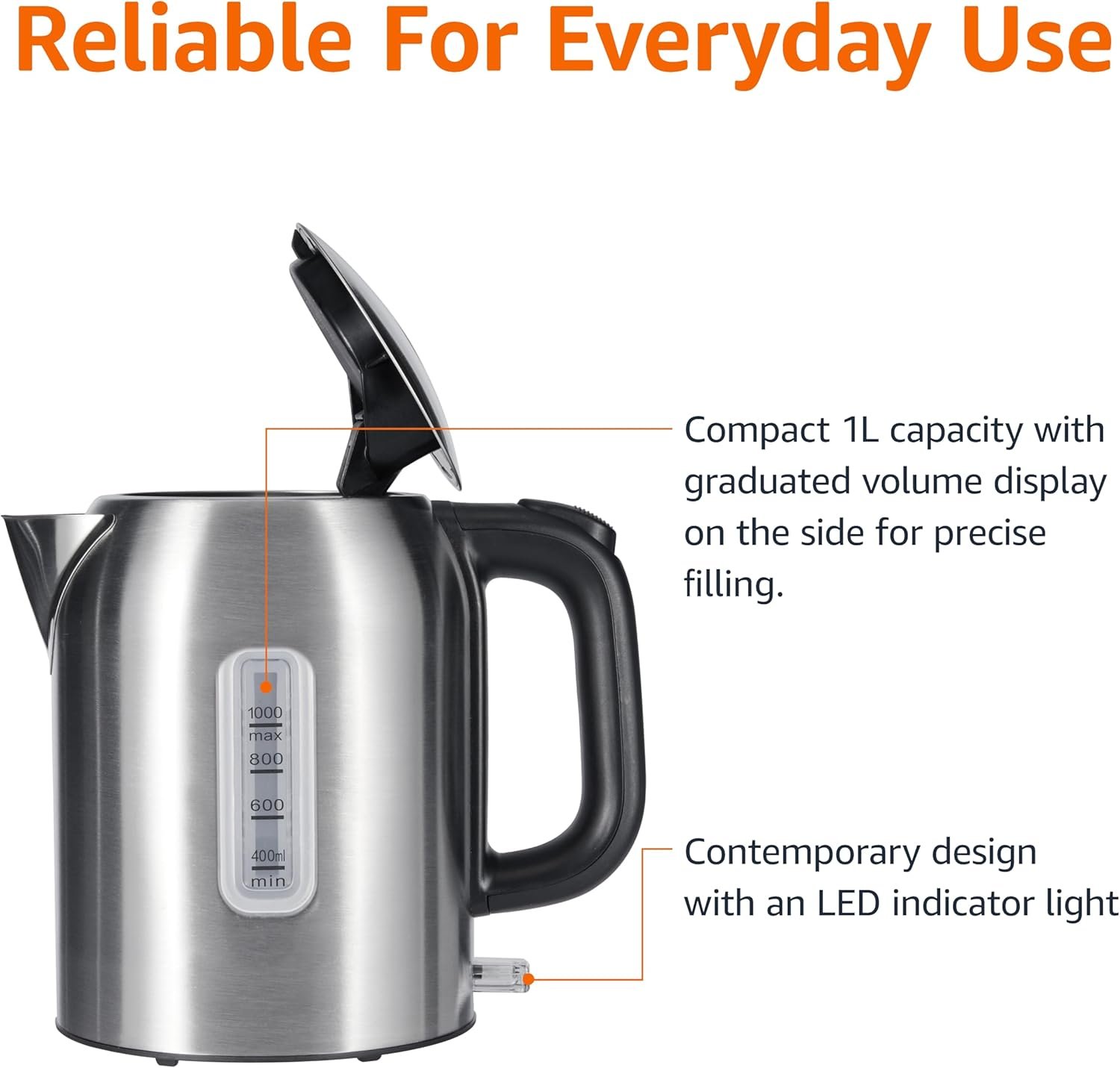 Amazon Basics 1.1Qt (1L) Electric Kettle, Tea Kettle & Water Boiler, with Auto Shut-Off, Boil Dry Protection, High-Safety Strix Thermostat, BPA-Free, 1500W, Stainless Steel, New Model, Black & Silver - Image 2