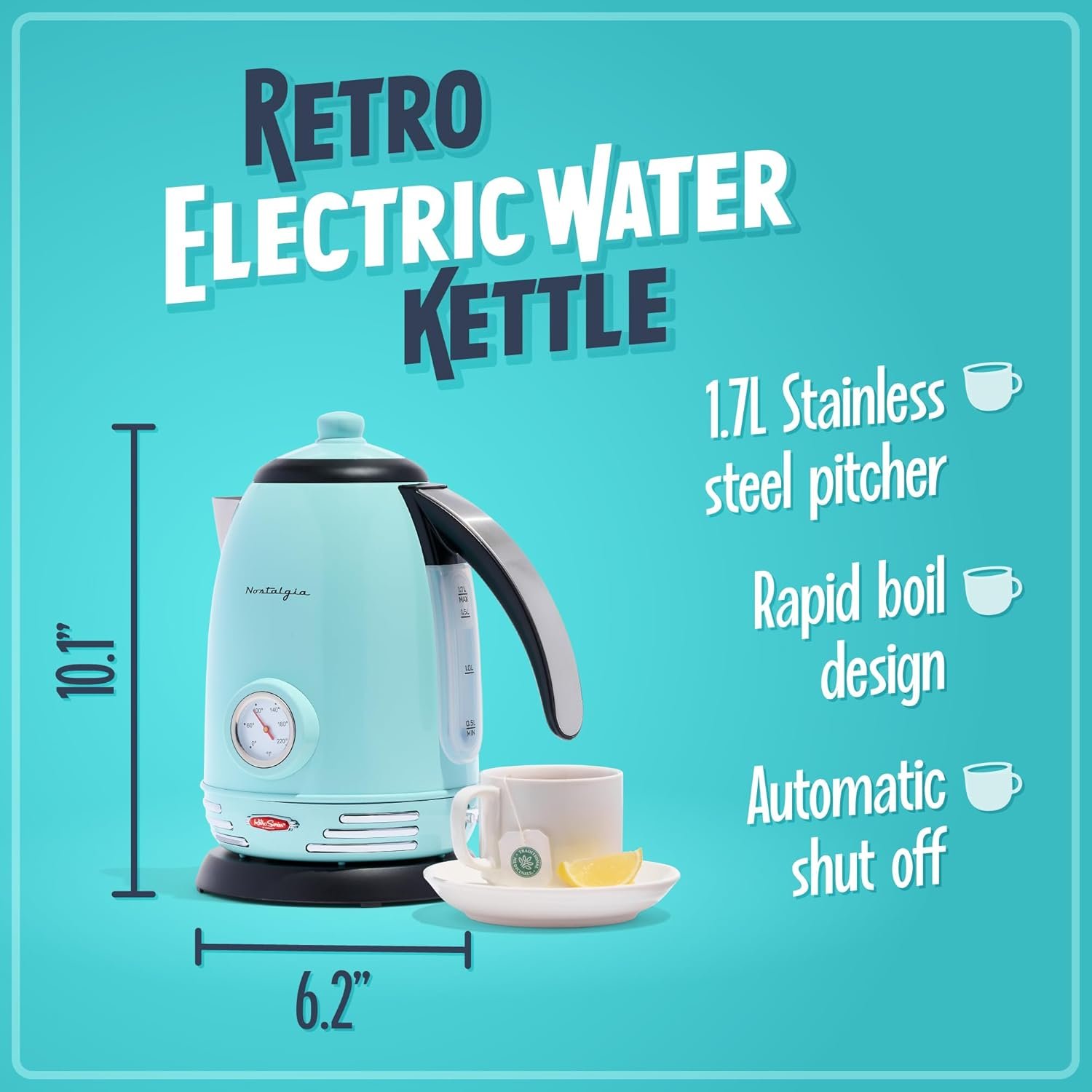 Nostalgia Retro Stainless Steel Electric Tea And Water Kettle, 1.7 Liters, Auto-Shut Off & Boil-Dry Protection, Water Level Indicator Window, Aqua - Image 2