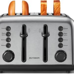 BUYDEEM DT640 4-Slice Toaster, Extra Wide Slots, Retro Stainless Steel with High Lift Lever, Bagel and Muffin Function, Removal Crumb Tray, 7-Shade Settings,Stainless Steel