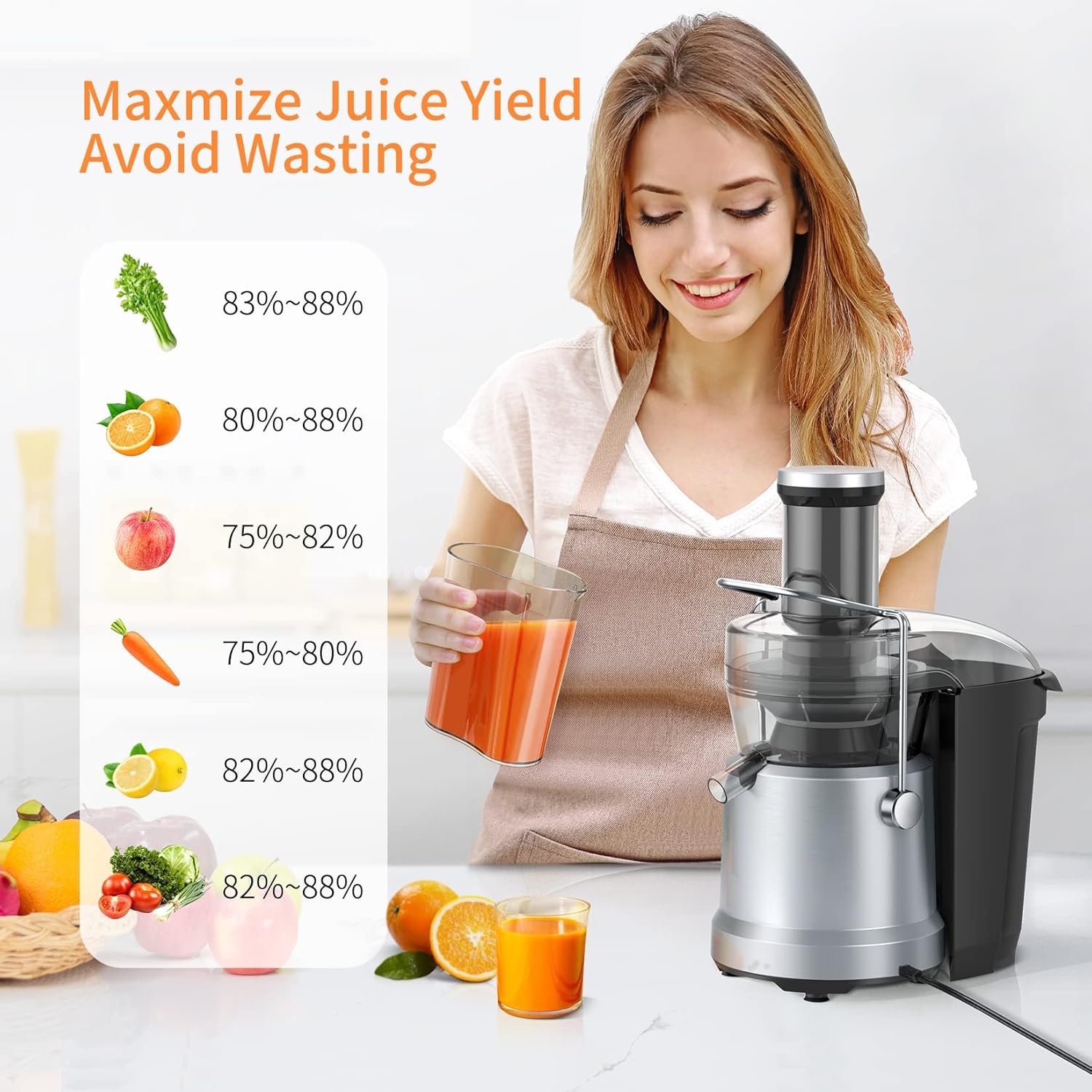 Juicer Vegetable and Fruit, High-Power Juicers Extractor with 3 Feed Chute, 1300W, Centrifugal Juicer with High Juice Yield, Easy to Assemble and Clean&BPA-Free, Dishwasher Safe, Brush Included - Image 4