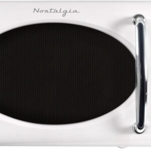 Nostalgia Retro Microwave Oven 0.7 Cu Ft, 700-Watt Countertop Size with Glass Turntable, Child Safety Lock, 8 Auto-Cook Programs, Digital Clock, White