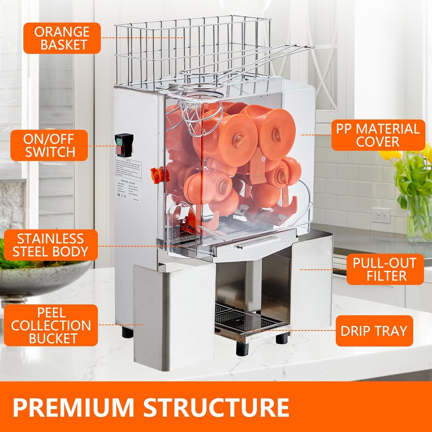 Commercial Juicer Machine, 110V 120W Orange Squeezer for 22-30 per Minute, Electric Orange Juice Machine with Pull-Out Filter Box SUS 304 Tank PP Cover and 2 Collecting Buckets - Image 2