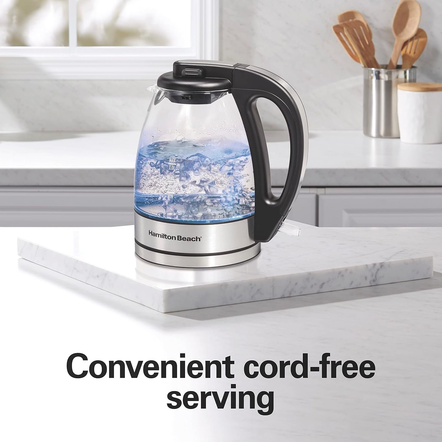 Hamilton Beach Glass Electric Tea Kettle, Water Boiler & Heater, 1 Liter, 1500 Watts for Fast Boiling, BPA Free, Cordless Serving, Auto-Shutoff & Boil-Dry Protection, Soft Blue LED (40930) - Image 6