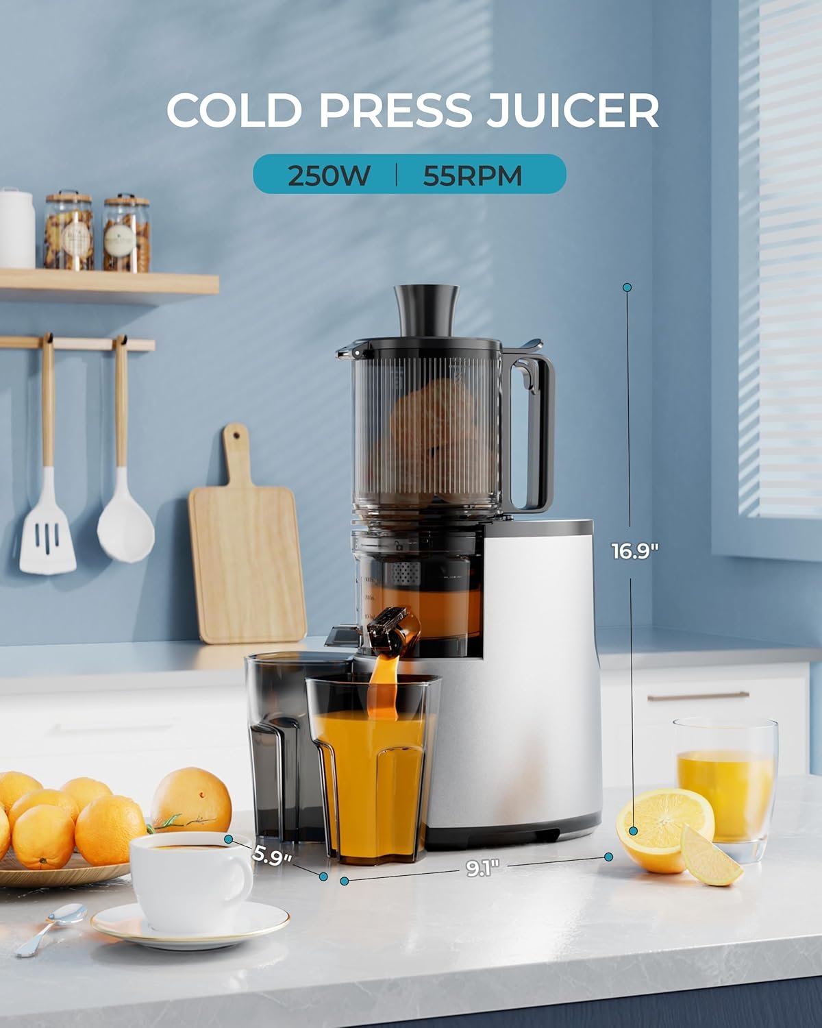 Cold Press Juicer, EUHOMY 5.5" Extra Large Feed Chute Slow Masticating Juicer, 250W Juicer Machines, 99.6% High Juice Yield, Easy to clean, Reverse Function, for Whole Vegetables & Fruits. Sliver - Image 5
