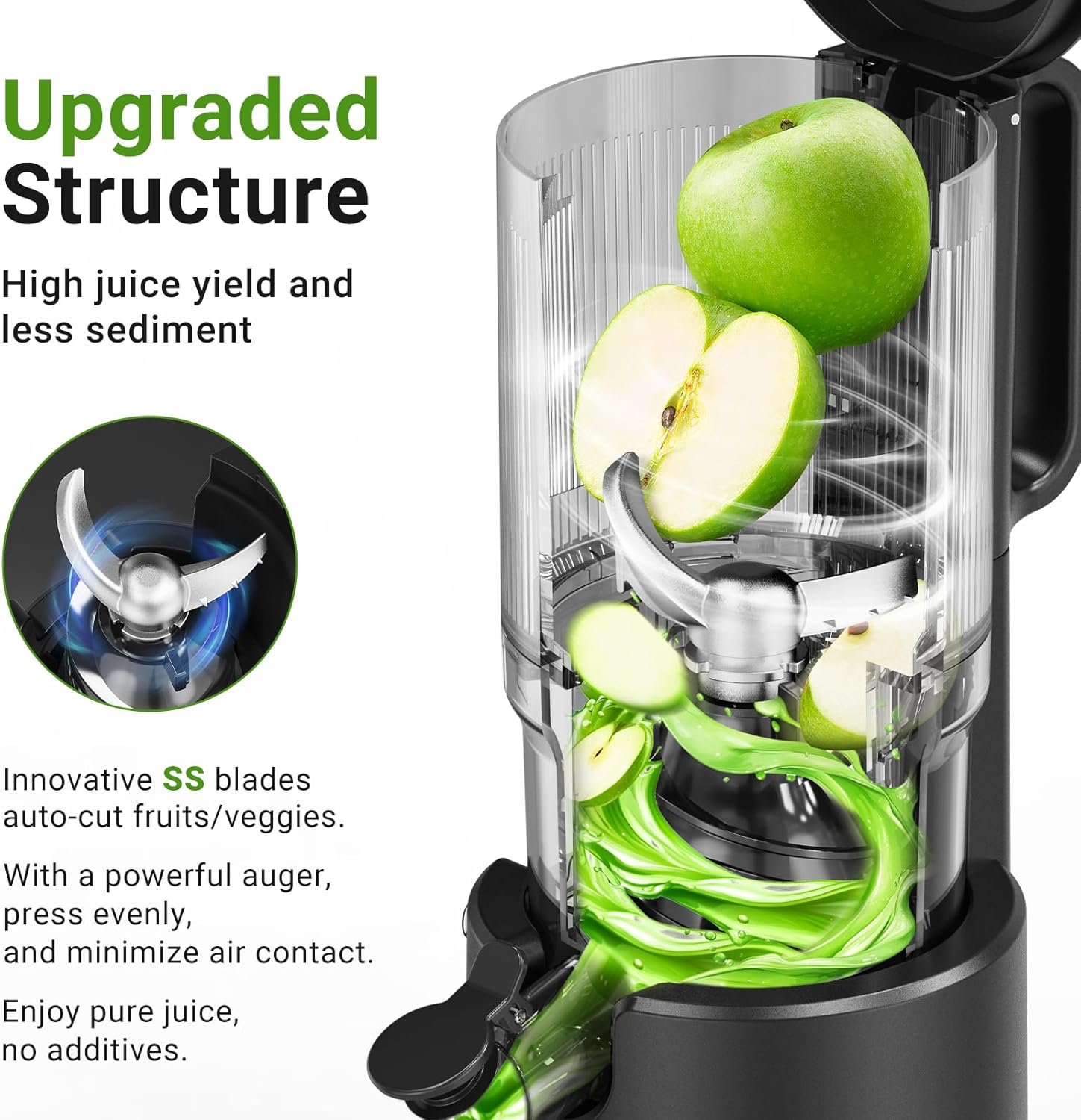 Slow Cold Press Juicer Machine: Electric Masticating Juicer Extractor Easy Clean - Whole Fruit Vegetable Juice Maker - Cold Pressed Slow Blender Juicer with Wide Large Chute Mouth - Image 3