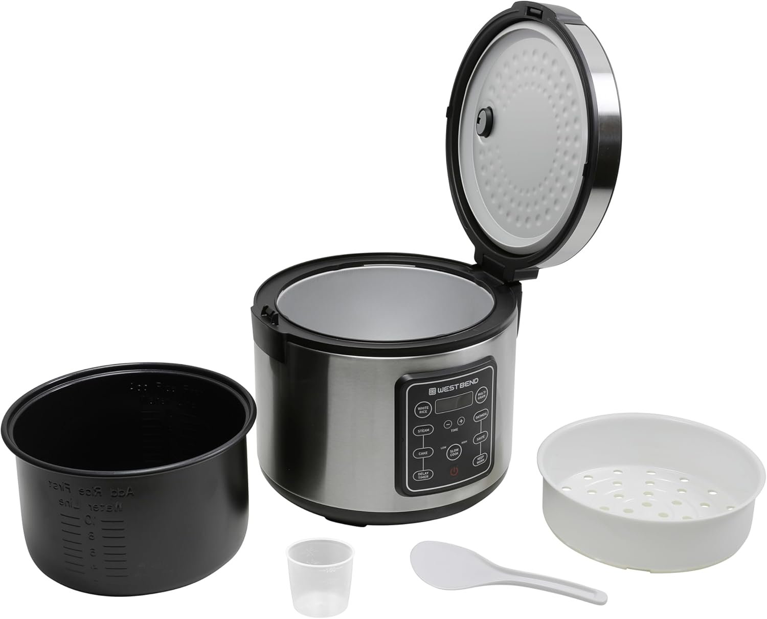 West Bend Rice & Grain Multi Cooker Programmable with 9 Preset Functions, Features Delay Start and Keep Warm Functions and Steam Basket, 20 Cups Cooked, Stainless Steel - Image 8