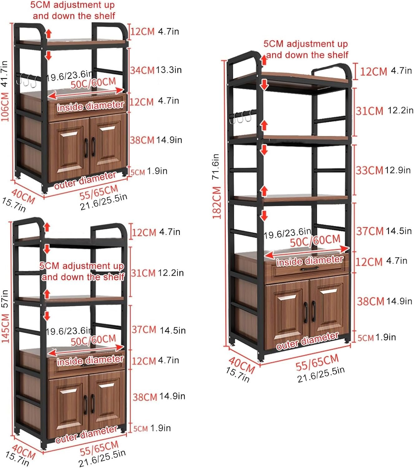 Microwave Stand with Storage Cabinet, Kitchen Baker's Rack, Utility Sideboard Shelf for Kitchen, Living Room & Bedroom, Space-Saving Microwave Oven Rack - Brown - Image 2