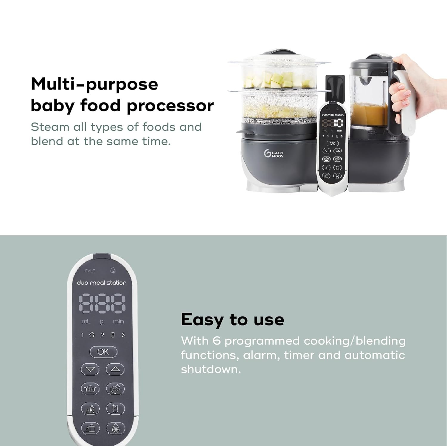 Babymoov Duo Meal Station Grey: Multi-Speed Baby Food Maker Steamer and Puree Blender, Baby Food Processor that warms & defrosts (Nutritionist Approved) - Image 4