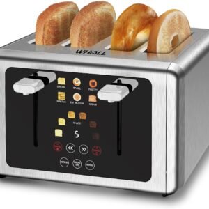whall 4 Slice Touch Screen Toaster, Stainless Steel Toasters Digital Timer, Dual Control Panel Toasters，6 Shade Settings＆6 Bread Types, Smart Wide Slots, Bagel, Cancel, Defrost,Flat Lever Silver