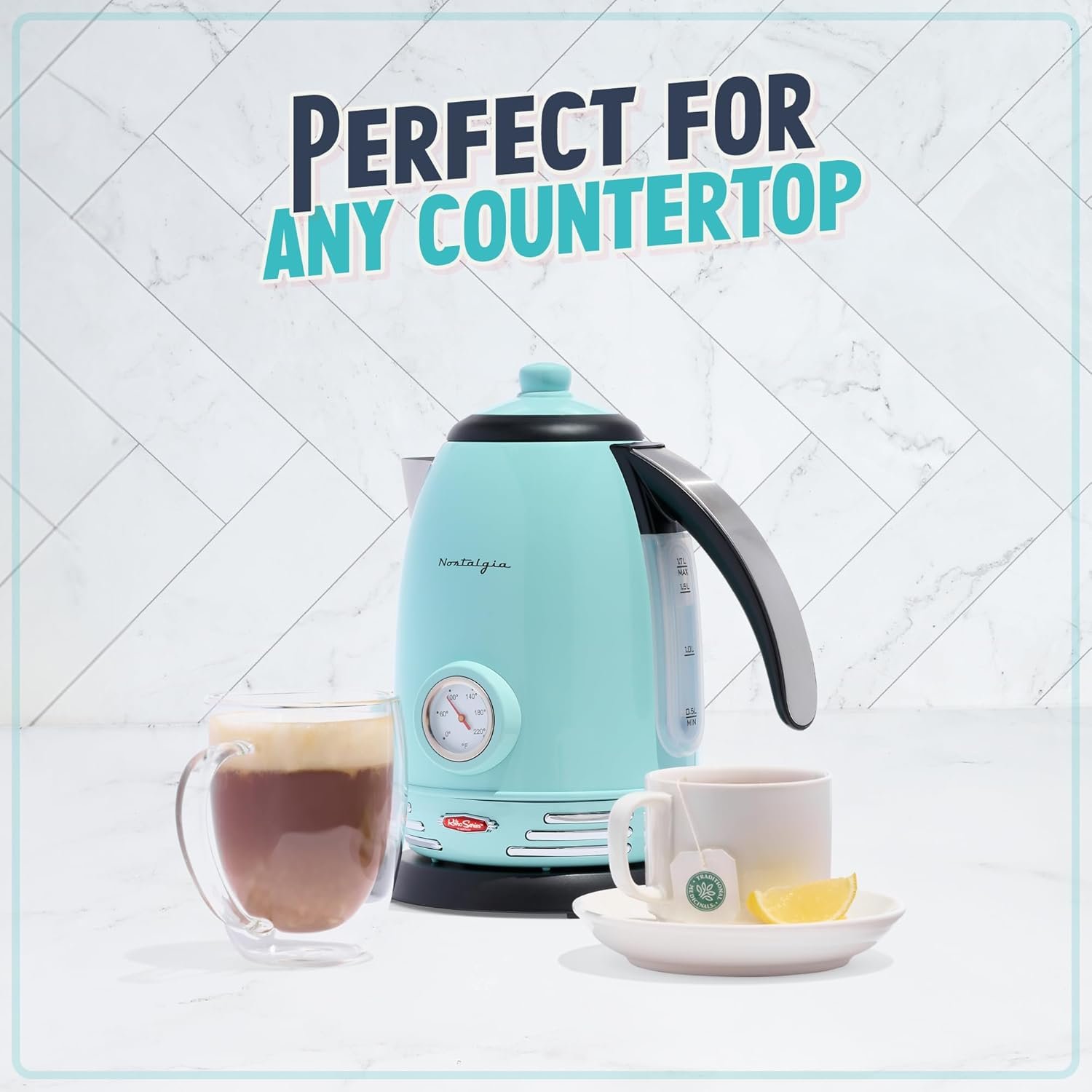 Nostalgia Retro Stainless Steel Electric Tea And Water Kettle, 1.7 Liters, Auto-Shut Off & Boil-Dry Protection, Water Level Indicator Window, Aqua - Image 8