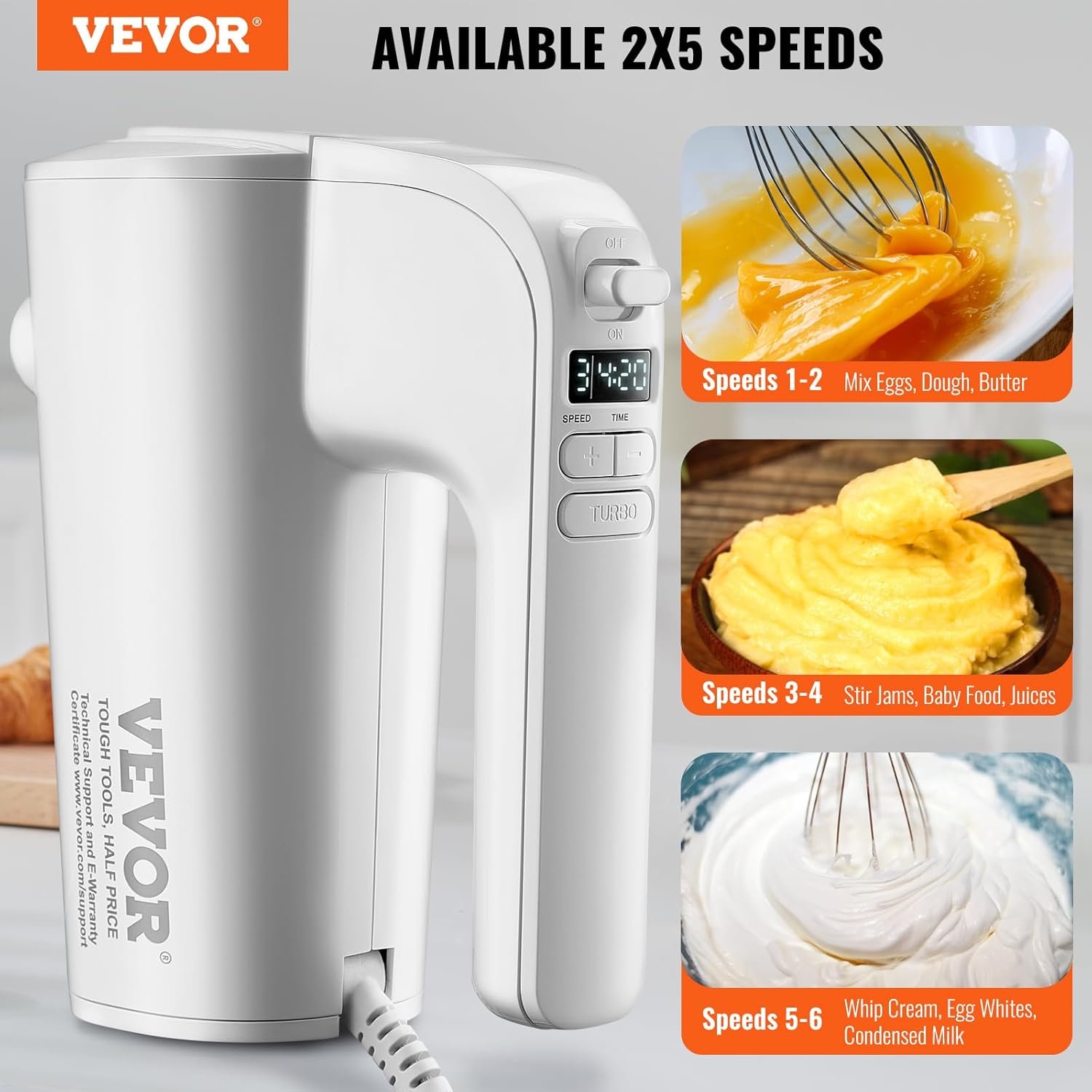 VEVOR Digital Electric Hand Mixer, 5-Speed, 200W Portable Electric Handheld Mixer, with Turbo Boost Beaters Dough Hooks Whisks Storage Bag, Baking Supplies for Whipping Mixing Egg Cookie Cake Cream - Image 2