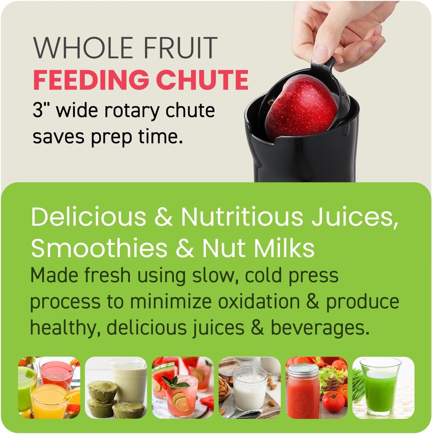 Elite Gourmet EJX017 Whole Fruit 3” Feeding Chute, Dynamic Masticating Slow Juicer, High Yield Cold Press Juice Extractor, Nutrient and Vitamin Dense, Easy to Clean, 27 oz Juice Cup, Black - Image 3