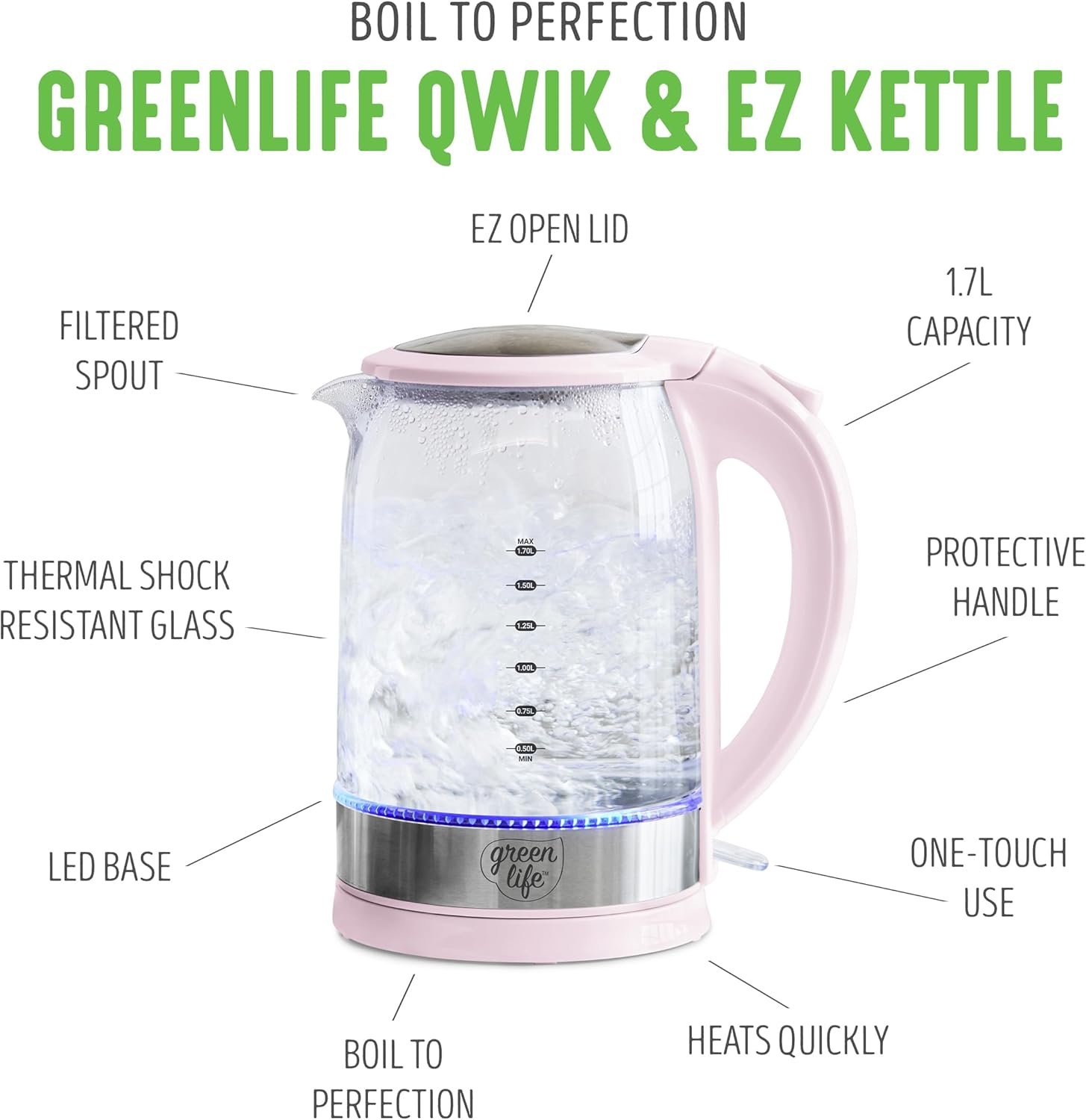 GreenLife 1.7 Liter Glass Electric Kettle, Easy One Touch Use, Quick Heating, Filtered Spout, LED Base, Auto Shut-Off, Cordless Serving, Coffee and Tea, Pink - Image 3