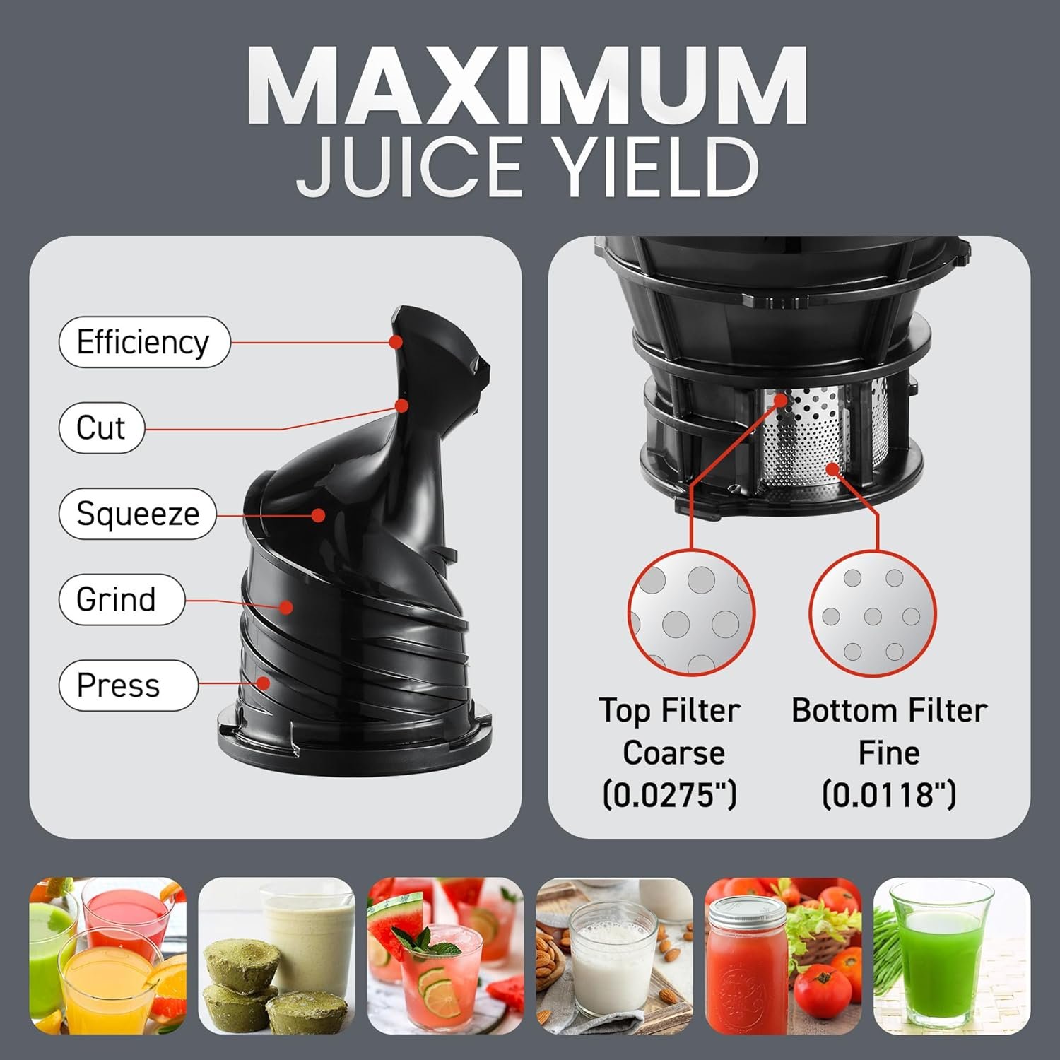 Elite Gourmet EJX320 Big Mouth Whole Fruit 5.2” Self-Feeding Chute, Cold Press Masticating Slow Juice Extractor, Hands-Free, Less Prep, Easy to Clean, Impact Resistant BPA Free Tritan, Black - Image 4