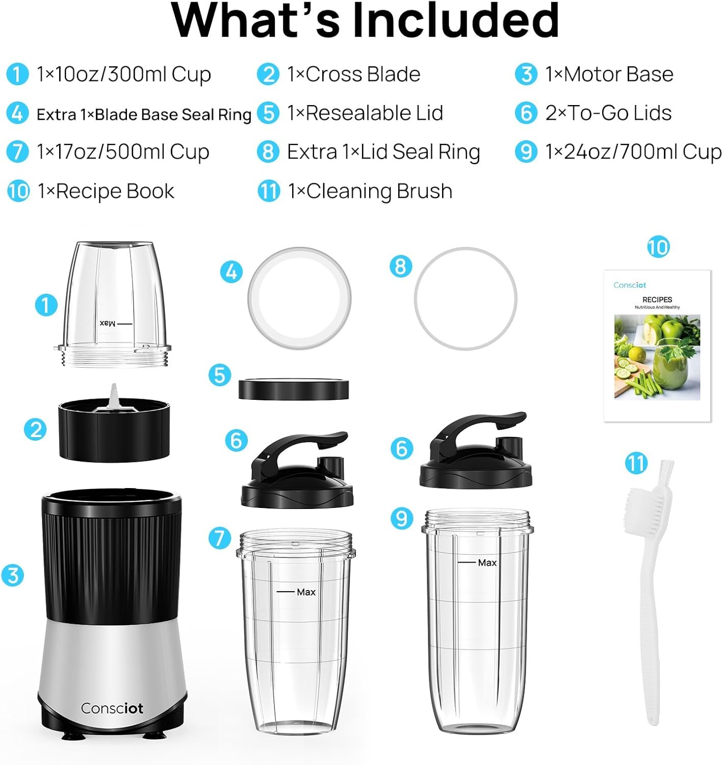 Consciot CB08 11-Piece Blender for Kitchen and Personal Size, Blend Shakes and Smoothies, Frozen Drinks, Baby Food, Spreads & More, 3 Portable To-Go Cups & 2 Spout Lids & 1 Solid Lid, 900 Peak Watts - Image 8