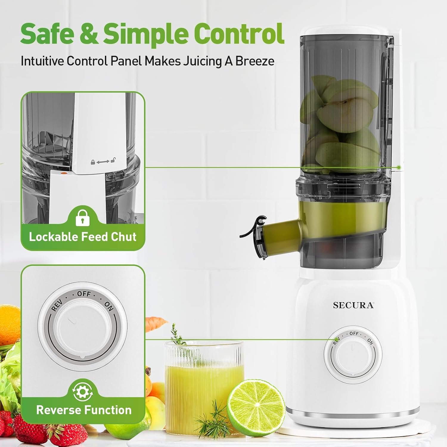 Secura Mesh Free Slow Juicer with Stainless Steel Prong Spiral Auger, Cold Press Juicer, Masticating Juicer Machines with Quiet Motor & Reverse Function for Vegetables and Fruits, White - Image 4