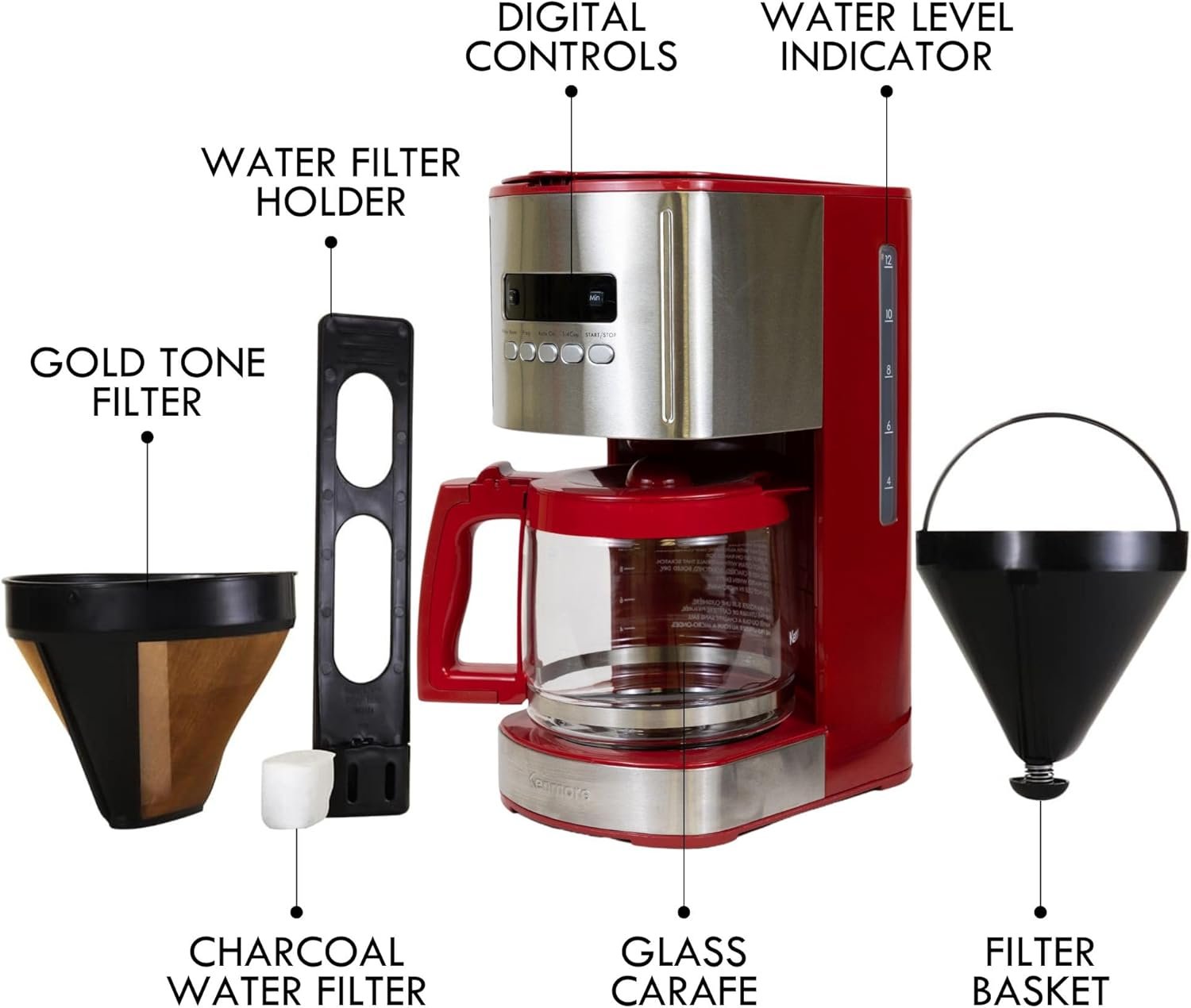 Kenmore Coffee Maker 12 cup Drip Coffee Machine Reusable Filter Programmable Timer Digital Display Aroma Control Glass Carafe Charcoal Water Filter Regular Bold Stainless Steel and Red - Image 7