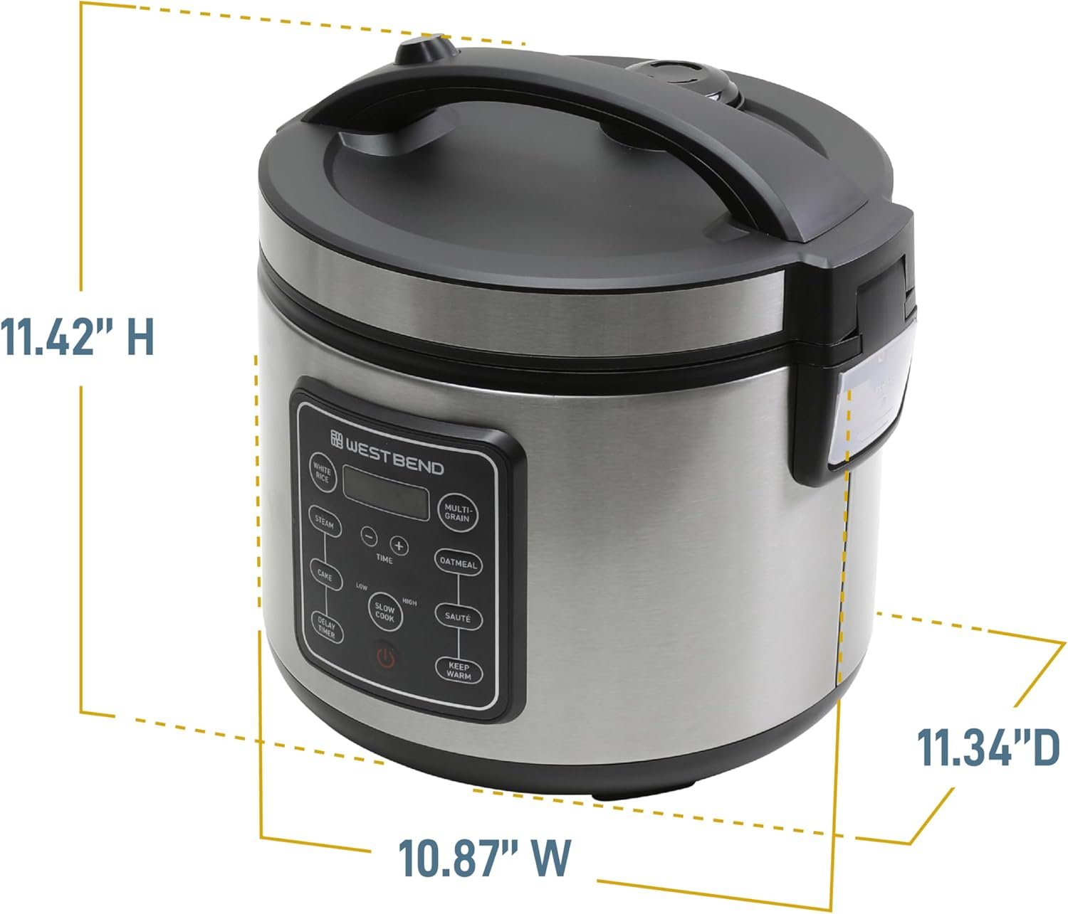 West Bend Rice & Grain Multi Cooker Programmable with 9 Preset Functions, Features Delay Start and Keep Warm Functions and Steam Basket, 20 Cups Cooked, Stainless Steel - Image 6