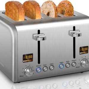 SEEDEEM 4 Slice Stainless Toaster – Color LCD Display, 7 Shade Settings, 1.5” Wide Slots with Bagel/Defrost/Reheat Functions, Removable Crumb Tray, Silver Metallic, 1800W