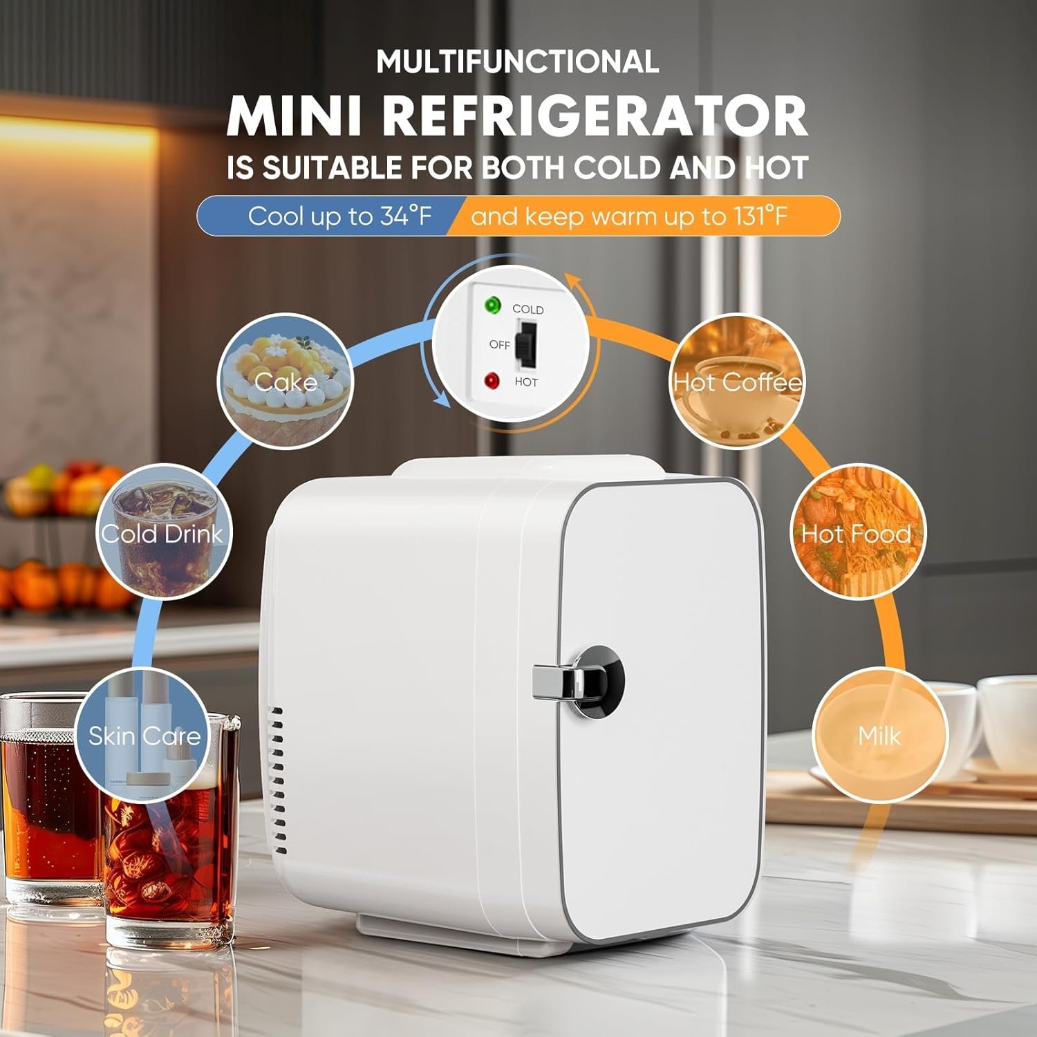FAB&DELUXE Mini Fridge, 4 Liter/6 Can Portable Cooler & Warmer Compact Refrigerator for Skincare, Cosmetics, Beverage, Food, Great for Bedroom, Office, Dorm, Car - White - Image 3