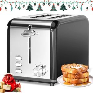 Simple Deluxe 2-Slice Toaster, Stainless Steel Toaster, 6 Browning Setting and 3 Function, Extra Wide Slot & Removable Crumb Tray, for Bread & Waffle, Black