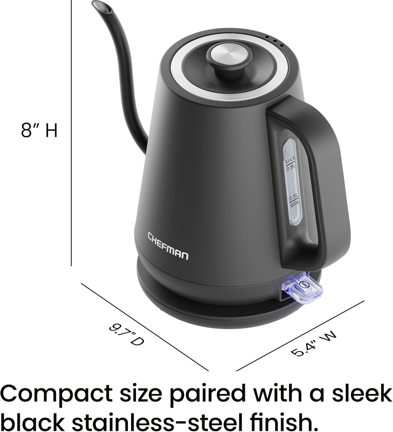 Chefman Gooseneck Electric Kettle, 0.8L Pour Over Tea Kettle for Coffee and Tea, One-Touch Operation, Boil-Dry Protection, Auto Shut-Off, Ultra-Fast Hot Water Boiler – Black - Image 8