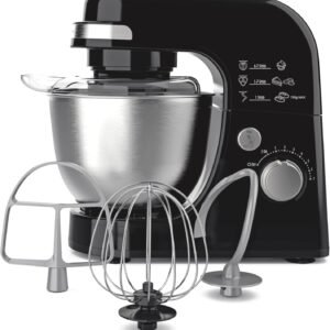Hamilton Beach Electric Stand Mixer, 4 Quarts, Dough Hook, Flat Beater Attachments, Splash Guard 7 Speeds with Whisk, Black