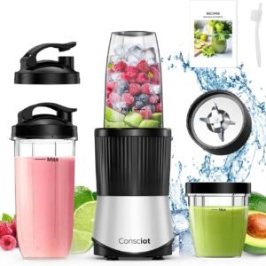 Consciot CB08 11-Piece Blender for Kitchen and Personal Size, Blend Shakes and Smoothies, Frozen Drinks, Baby Food, Spreads & More, 3 Portable To-Go Cups & 2 Spout Lids & 1 Solid Lid, 900 Peak Watts