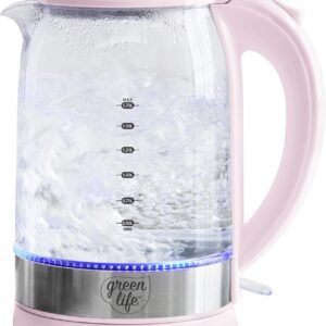 GreenLife 1.7 Liter Glass Electric Kettle, Easy One Touch Use, Quick Heating, Filtered Spout, LED Base, Auto Shut-Off, Cordless Serving, Coffee and Tea, Pink