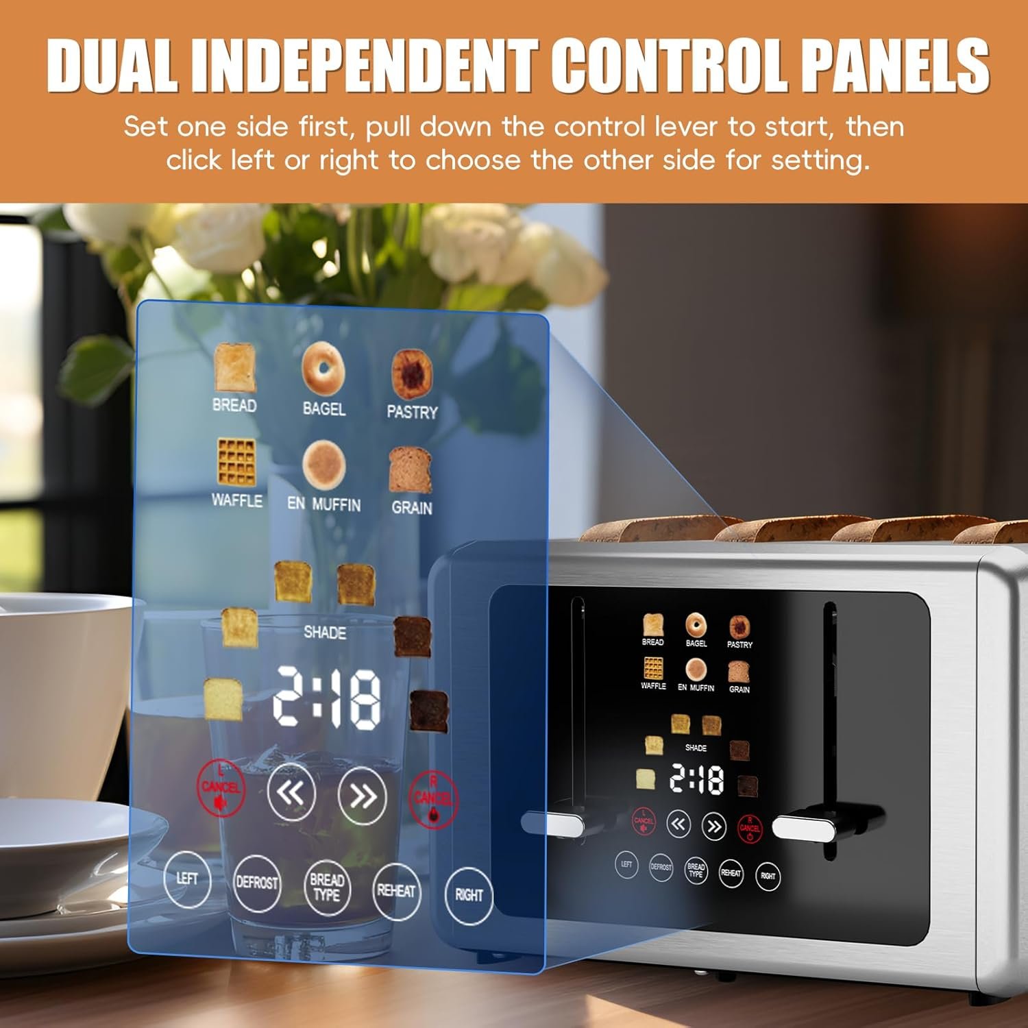 whall 4 Slice Touch Screen Toaster, Stainless Steel Toasters Digital Timer, Dual Control Panel Toasters,6 Shade Settings&6 Bread Types, Smart Wide Slots, Bagel, Cancel, Defrost,Flat Lever Silver - Image 2