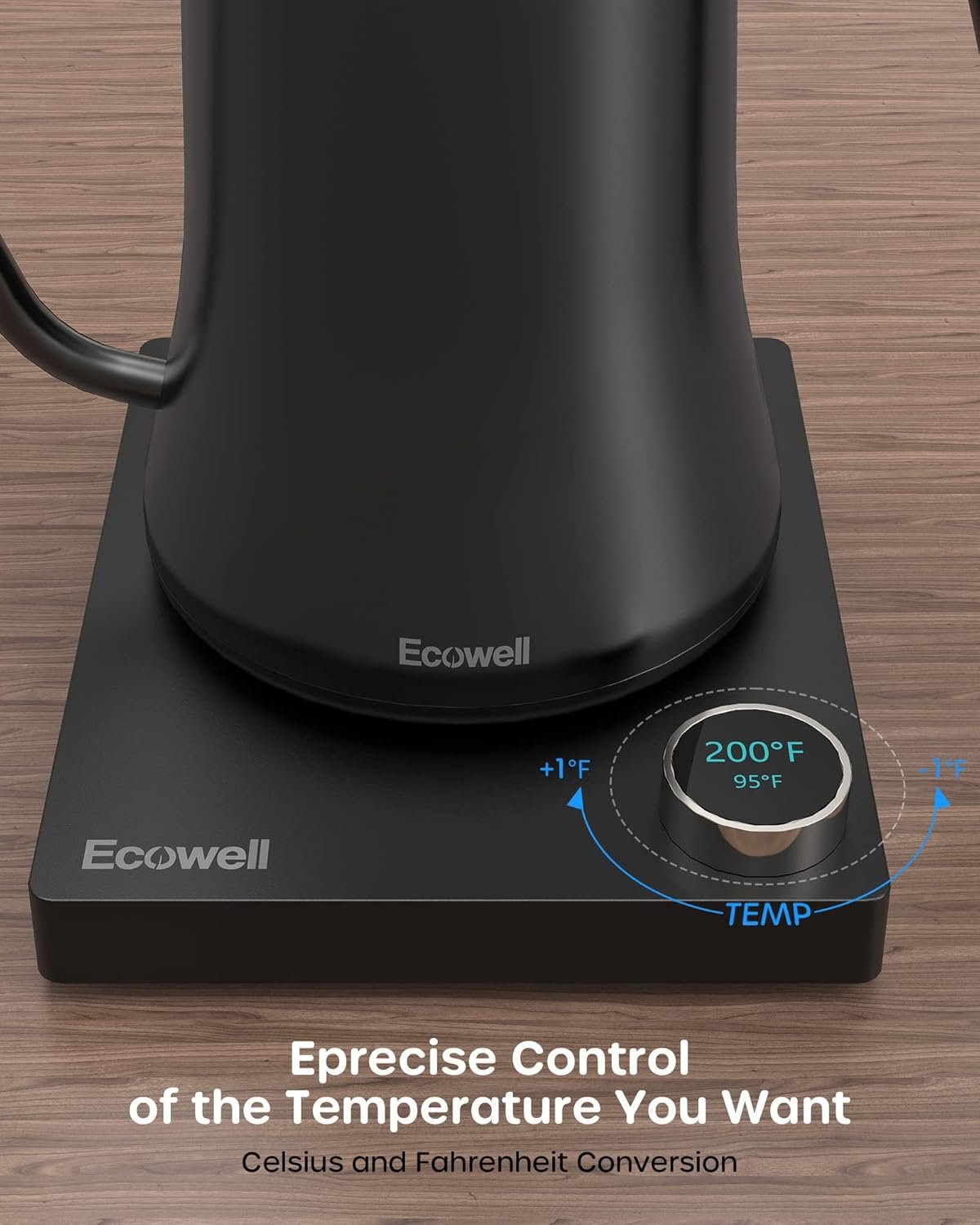 Ecowell WMTS01 Gooseneck Electric Kettle, 0.8L Stainless Steel Electric Tea Kettle with ±1℉ Precision Temperature Control, 1200W Fast Boiling Water Kettle with Auto Shut-Off & Keep Warm, Matte Black - Image 3