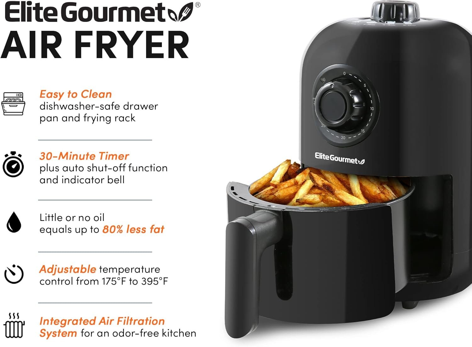 Elite Gourmet EAF-1121X Personal 1.1 Qt. Compact Space Saving Electric Hot Air Fryer Oil-Less Healthy Cooker, Timer & Temperature Controls, 1000W Black - Image 5