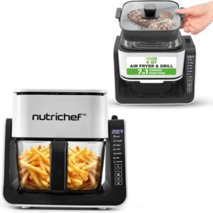 NutriChef 4 QT Air Fryer & Grill | 8-1 Preset Cook Modes | Transparent Fry Bowl for Best Cooking Results | Cook Shrimp, Steak, Fries, Wings & More | 4 QT Glass Air Fryer & 1.2 QT Grill | White
