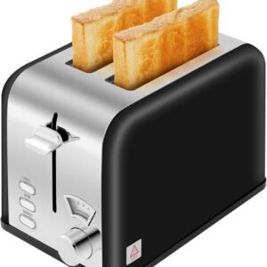 HealSmart 2 Slice Stainless Steel Toaster with Extra Wide Slot & Removable Crumb Tray, 5 Shade Options and Bagel/Defrost/Cancel Functions, Retro Compact Oven, for Various Bread & Waffle, Black