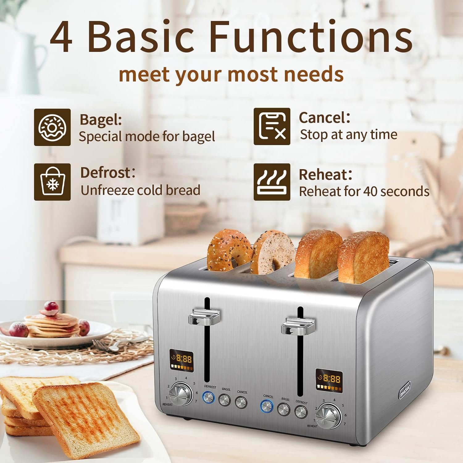 SEEDEEM 4 Slice Stainless Toaster - Color LCD Display, 7 Shade Settings, 1.5'' Wide Slots with Bagel/Defrost/Reheat Functions, Removable Crumb Tray, Silver Metallic, 1800W - Image 4