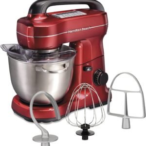 Hamilton Beach Electric Stand Mixer, 4 Quarts, Dough Hook, Flat Beater Attachments, Splash Guard, 7 Speeds with Whisk, Easy-Carry Top Handle, Red