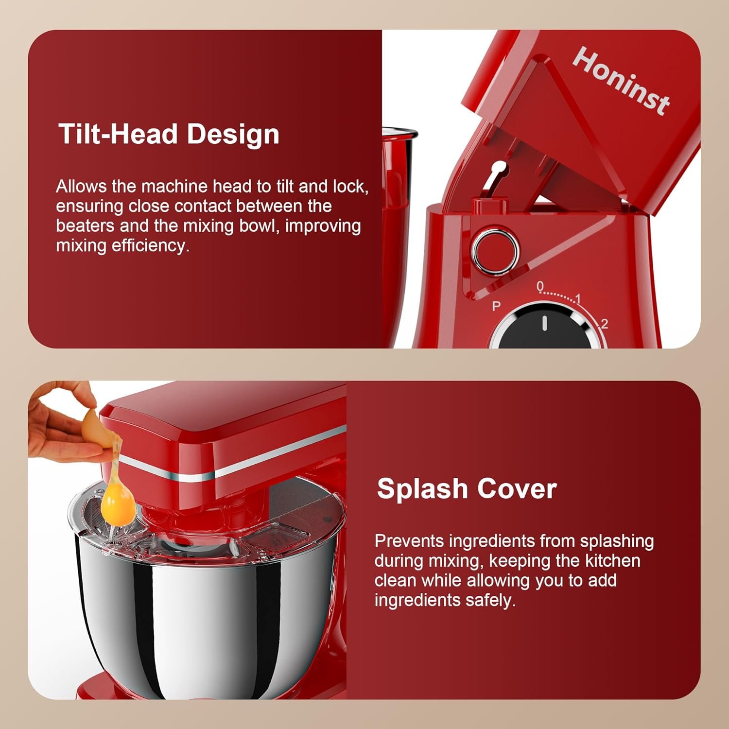10-Speed Stand Mixer with 8-in-1 Splash Guard, Tilt-Head, 6QT Stainless Steel Bowl + Dishwasher-Safe Dough Hook/Whisk/Beater/Spatula for Baking Bread, Cakes, Cookies, Red - Image 6