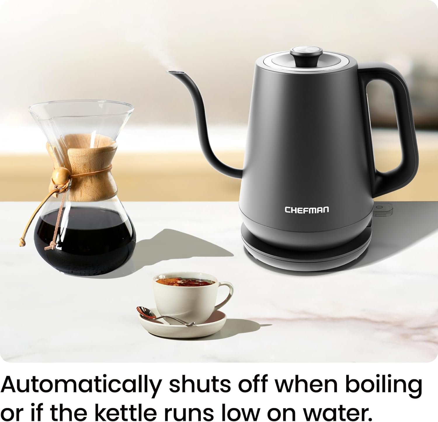 Chefman Gooseneck Electric Kettle, 0.8L Pour Over Tea Kettle for Coffee and Tea, One-Touch Operation, Boil-Dry Protection, Auto Shut-Off, Ultra-Fast Hot Water Boiler – Black - Image 7