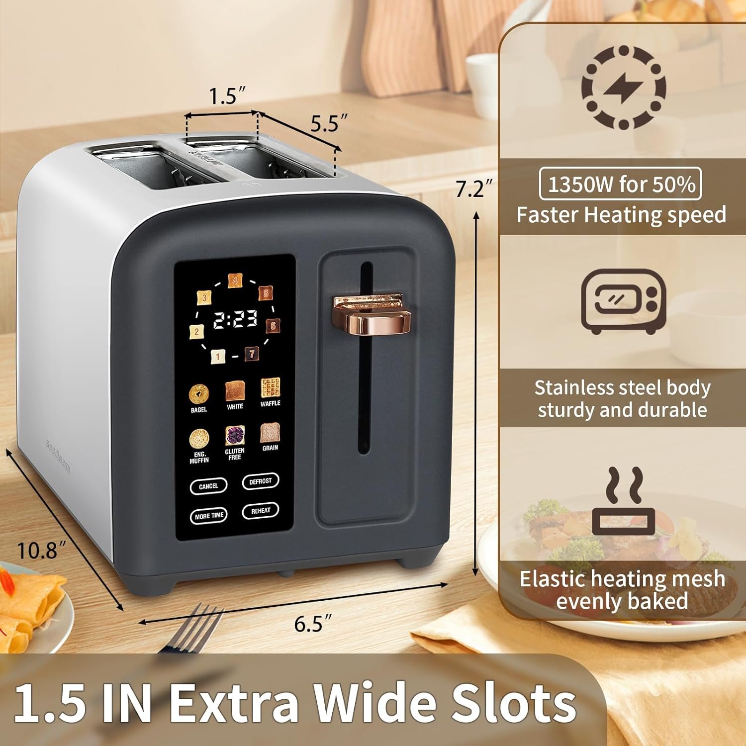 SEEDEEM Toaster 2 Slice, Full Touch Control Stainless Toaster, LCD Display, 50% Faster Heating Speed, 6 Bread Type, 7 Shade Setting, 1.5''Wide Slots, Removable Crumb Tray, 1350W, Dark Chocolate - Image 2