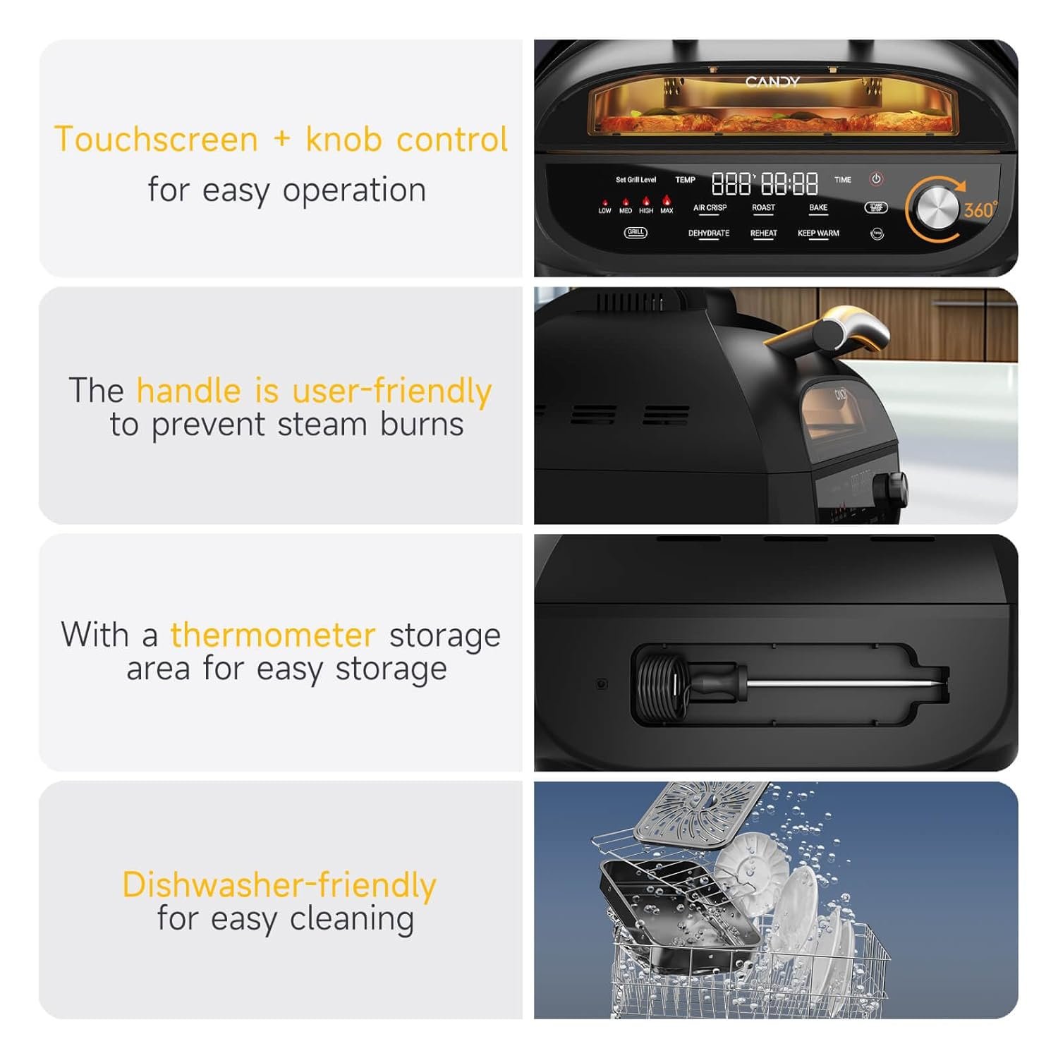 CANDY™ Indoor Grill and Air Fryer Combo with Ceramic Accessories, 7-IN-1 Digital Display, 360° Heating Electric, 500°F Max, Large Viewing Window, Roast, Bake & Dehydrate, Adjustable Temps, Easy Clean - Image 7